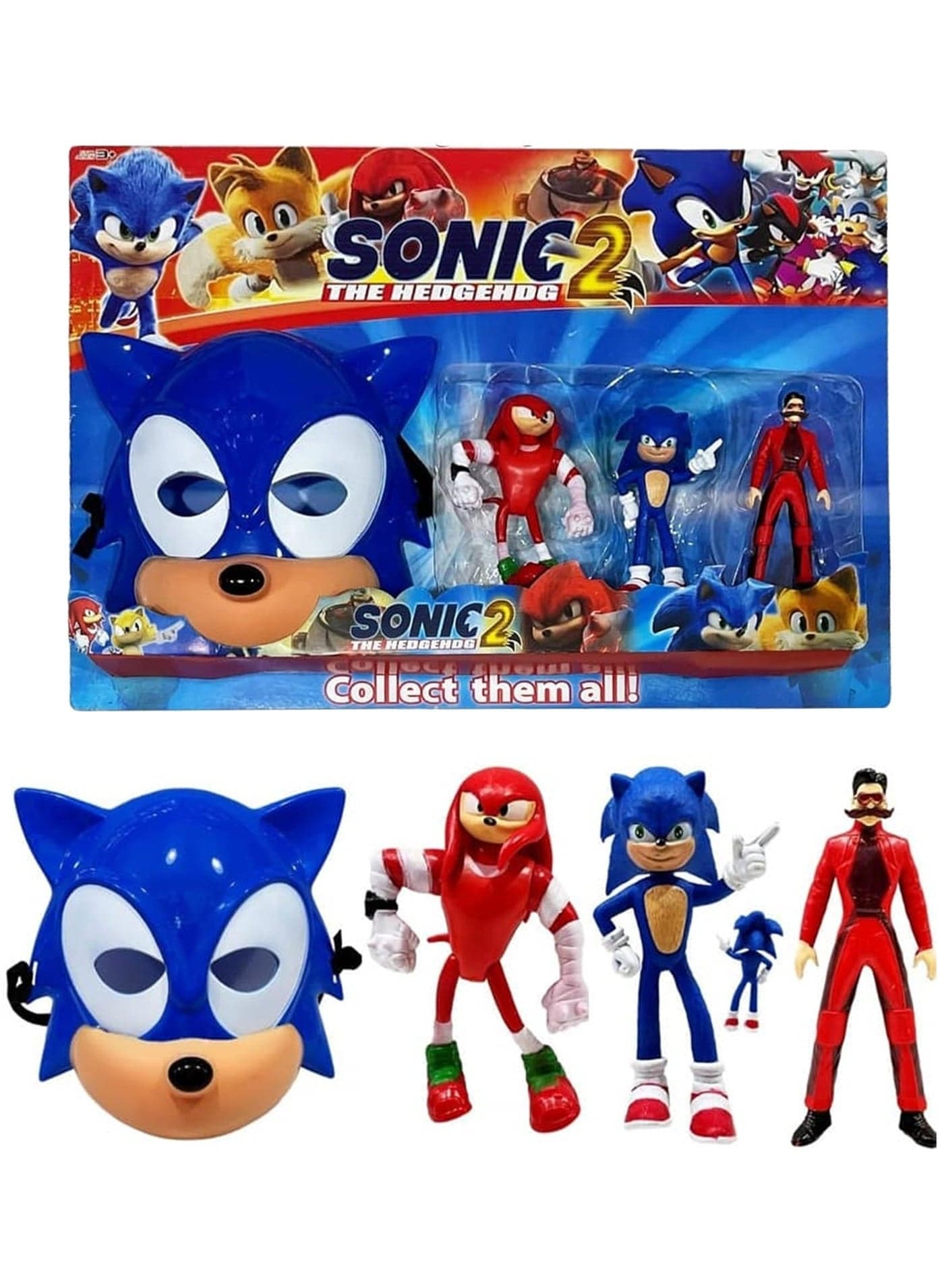 Sonic the Hedgehog 2 Toy Playset – Sonic 2 4-Pcs Action Figures & Wearable Blue Face Mask | Includes Sonic, Knuckles, Dr. Robotnik Mini Figures | Kids Superhero Cosplay Costume Prop | Best Birthday, Ramadan & Eid Gift for Boys & Girls 3+