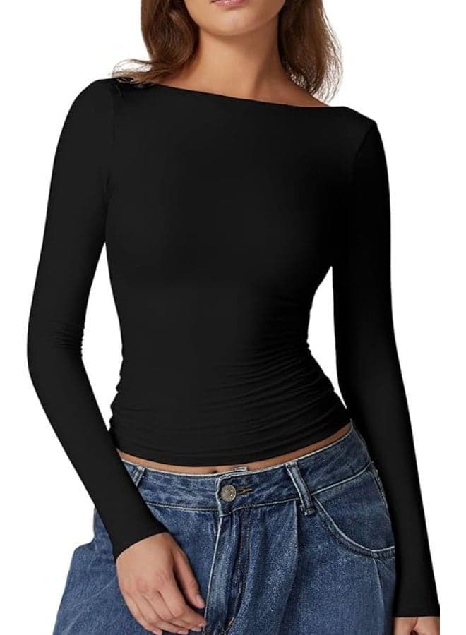 Women's Elegant Open Back Long Sleeve Shirts High Neck Double Lined Tees Fitted Going Out Tops