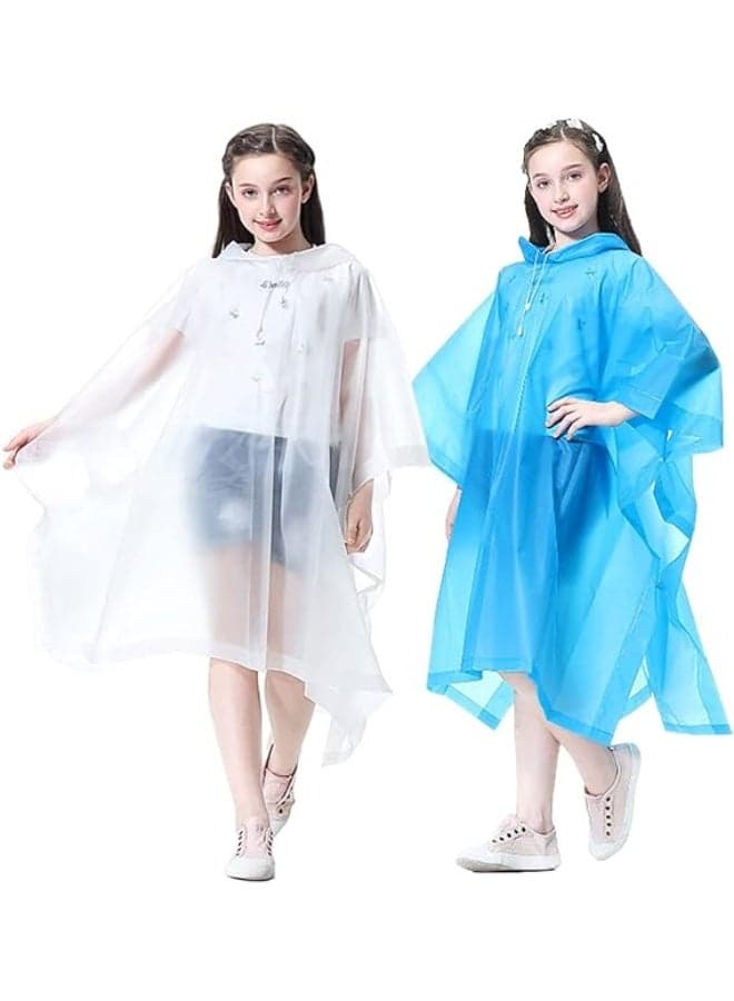 2 Pack Rain Poncho for Kids, Reusable Rain Ponchos for Boys and Girls, EVA Children Raincoat, Rain Ponchos with Hood, Reusable Rain Coat Jacket, for 6-13 Years Old Kids, Blue, White