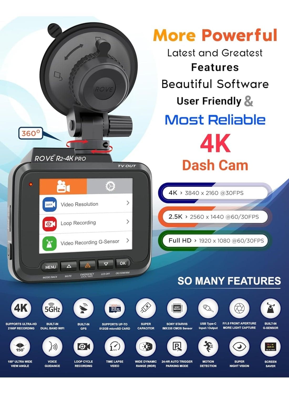 ROVE R2-4K PRO Dash Cam, Built-in GPS, 5G Wi-Fi Dash Camera for Cars, 2160P UHD 30fps Dashcam with APP, 2.4" IPS Screen, Night Vision, WDR, 150° Wide Angle, 24-Hr Parking Mode, Supports 512GB Max