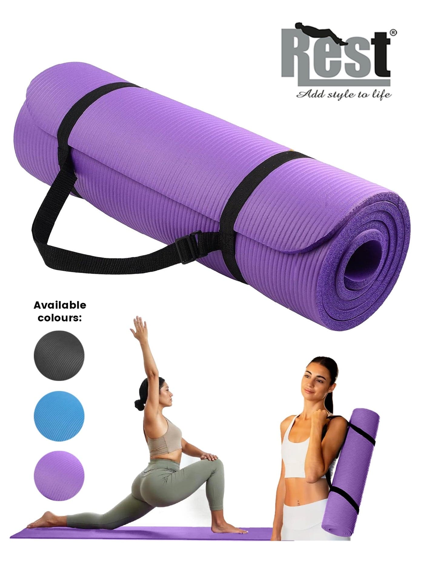 REST Yoga Mat Non Slip, Yoga Mat with Strap Included 10mm Thick Exercise Mat Ideal for HiiT, Pilates, Yoga and Many Other Home Workouts, Purple