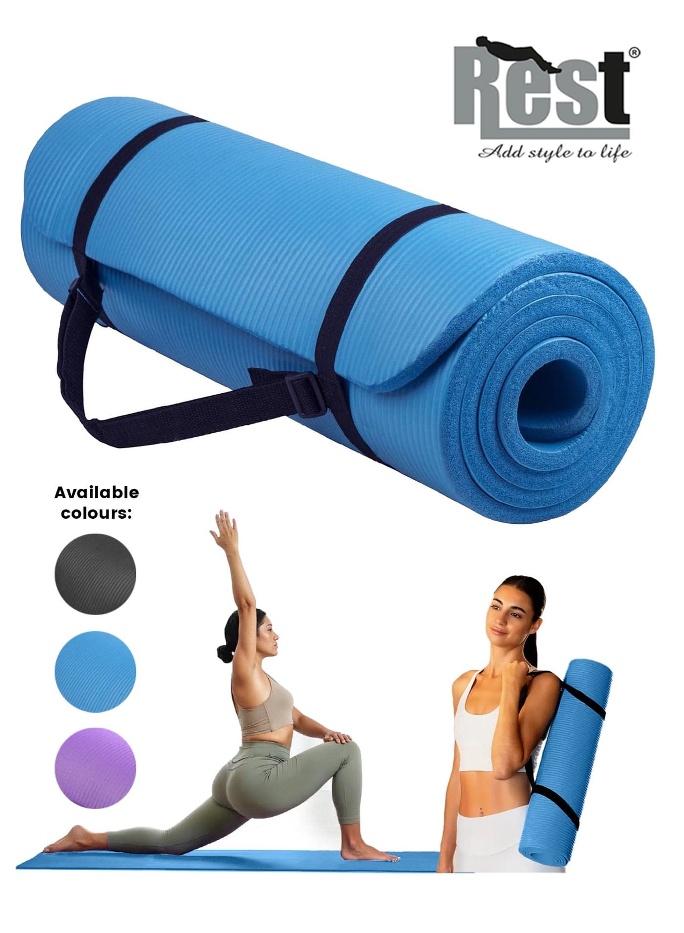 REST Yoga Mat Non Slip, Yoga Mat with Strap Included 10mm Thick Exercise Mat Ideal for HiiT, Pilates, Yoga and Many Other Home Workouts, Blue