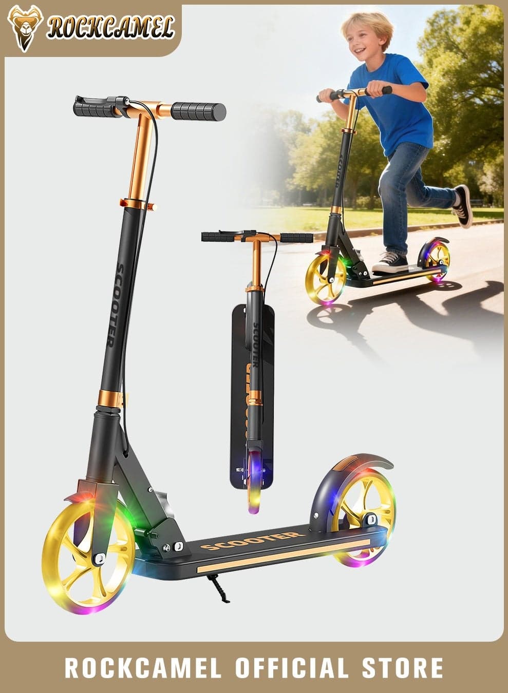 2-Wheel Kick Scooter with Handlebar & Rear Foot Brake, Foldable Lightweight Scooter with LED Lighted Wheels and 3-Level Adjustable Height Handlebars, Push Scooter for kids 5-18 Years, Black