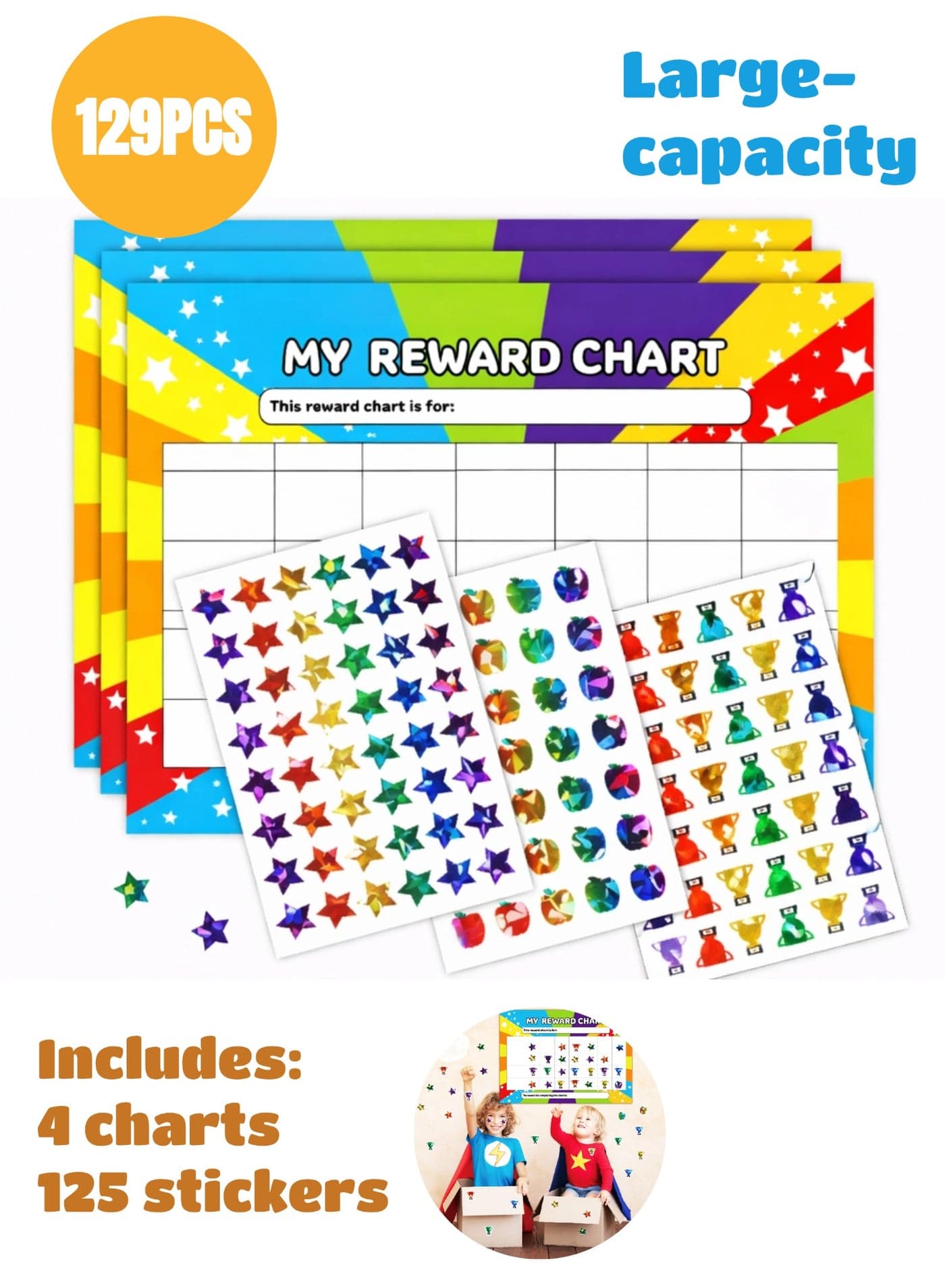 Kids Reward Chart & Behavior Motivation Sticker Set – Help Children Build Good Habits at Home & School, Chores, Homework & Daily Routines (129 PCS)