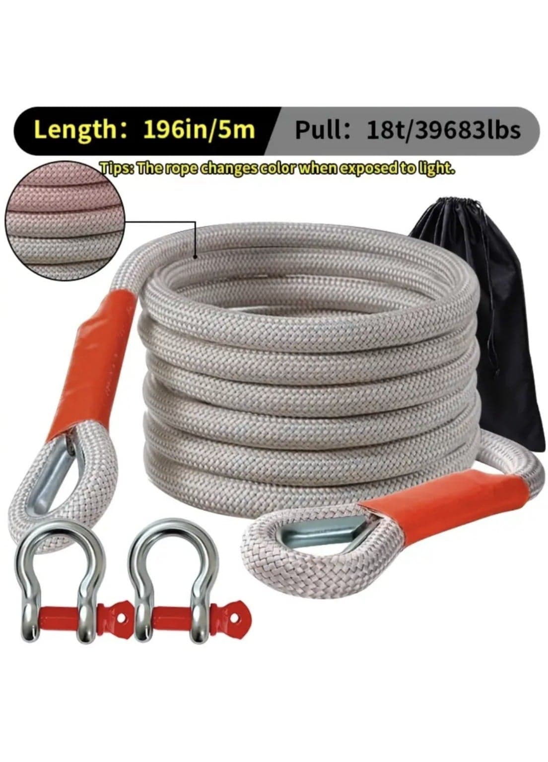 Heavy-Duty Towing Rope 39000LBS 5M -Reflective Emergency Tow Strap withSafety Hooks for Cars, SUVs & Trucks