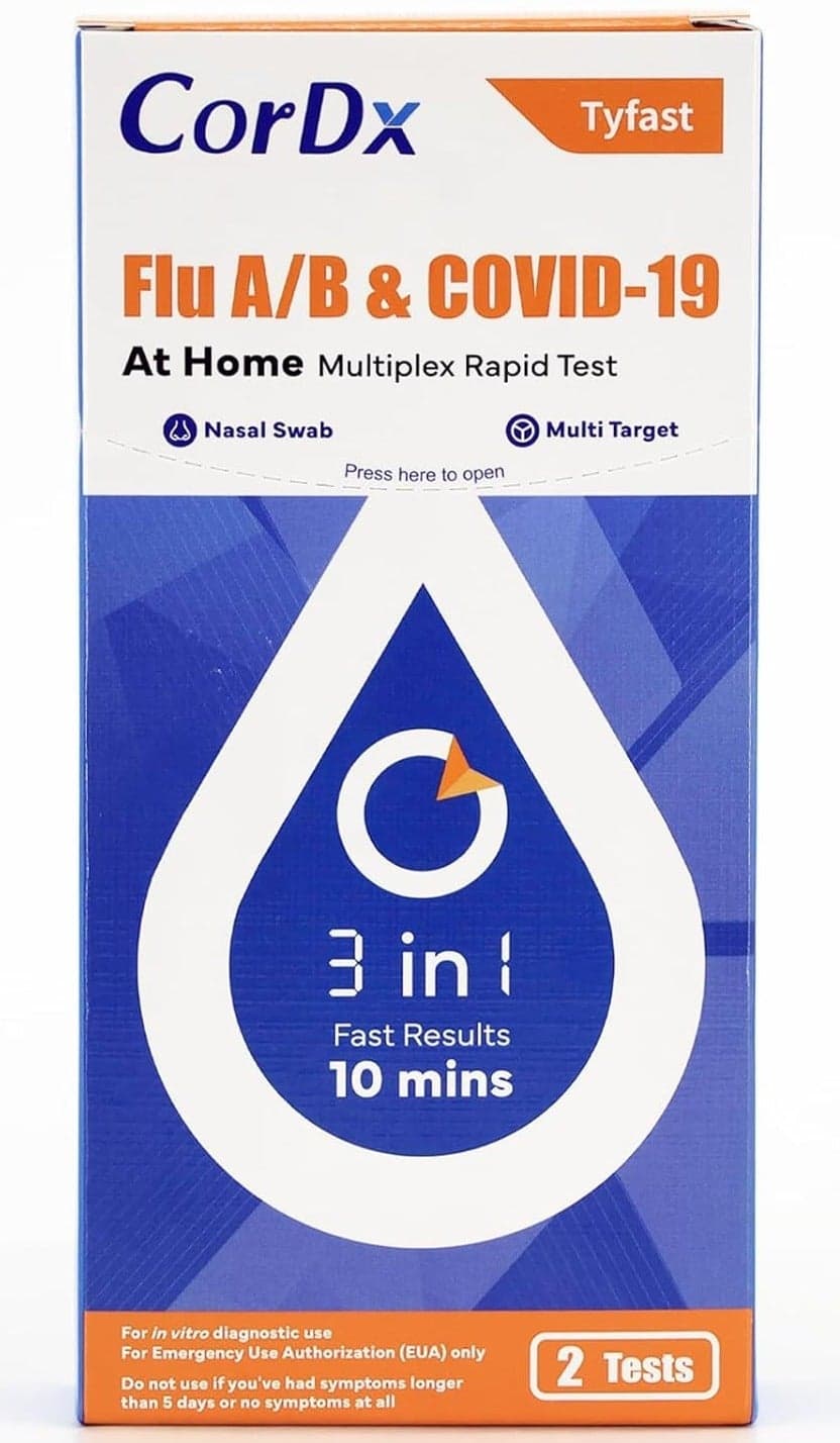 CorDx TyFast Flu A/B & Covid 19 Multiplex Rapid Test, 10 Mins at Home, EUA Authorized, 3 in 1 Combo Kit, 2 Tests