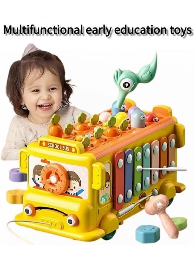 Montessori Toys for 1 2 3 Year Old, Wooden Activity Bus with Xylophone & Fishing Game, Educational Motor Skill Toys for Toddlers, Ideal Gift for Babies