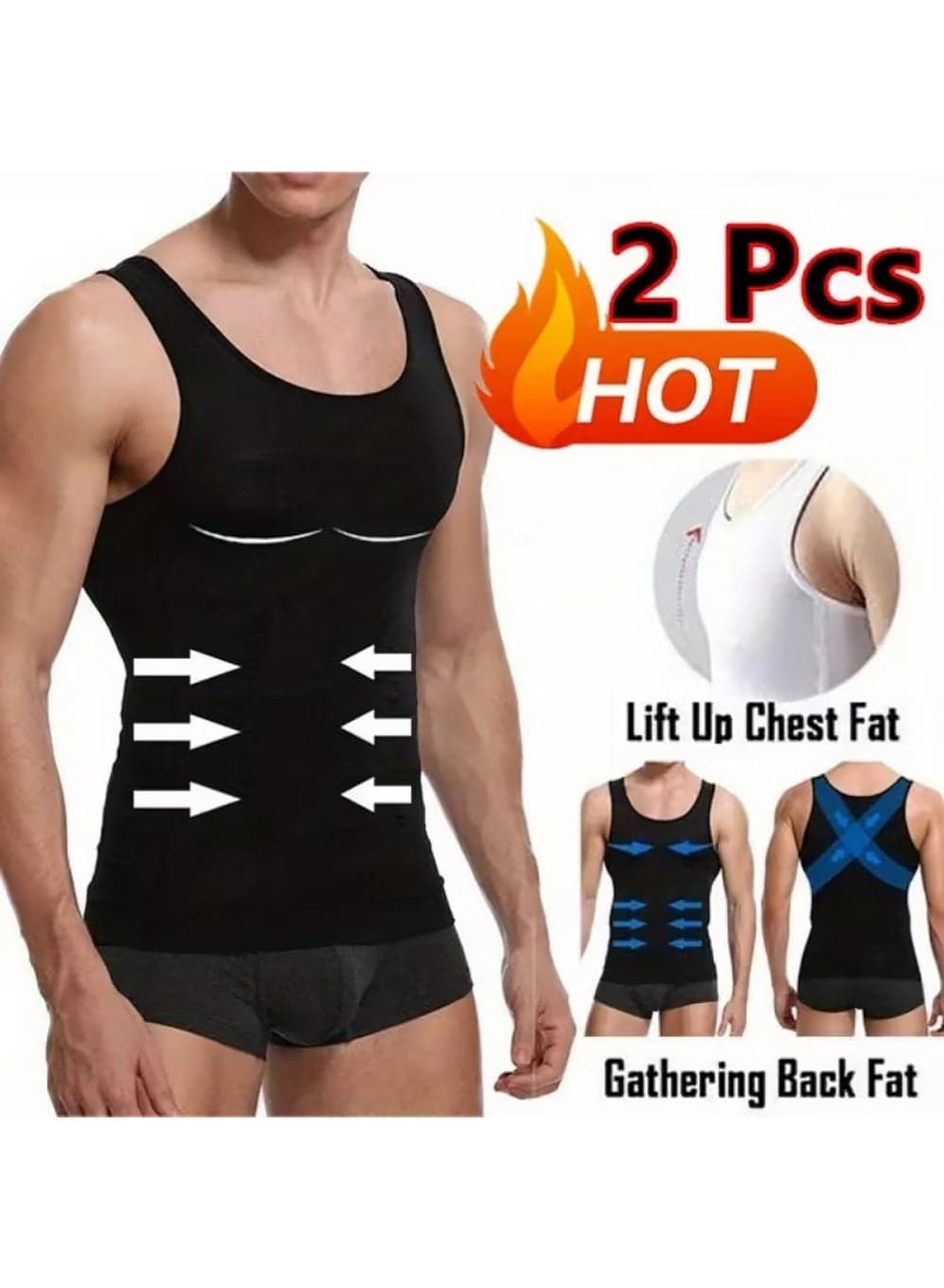 2Pcs Chest Compression Vest Men Body ,(Black and White)Shaper Sleeveless Posture Corrector Slimming Waist Control Tummy Trimmer Mesh Tops Compression Shirt for Men Slimming Undershirt Body Shaper Tank top Shapewear Vest( L)