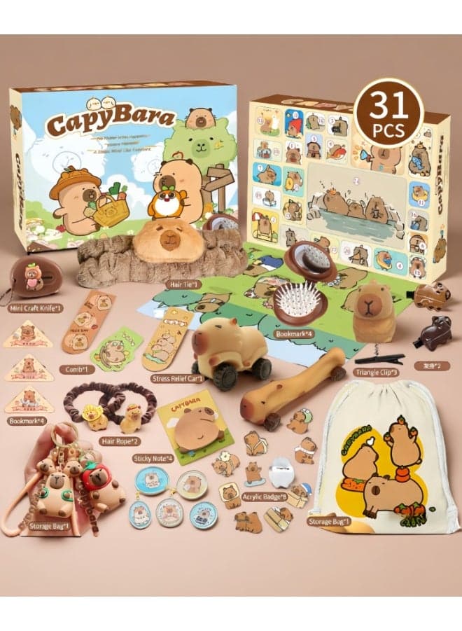 31 Pcs Kawaii Capybara Gift Box, Merchandise Collectible Gift Box Blind with Doll,Plush,Ropes Clips Necklace Wallet Keychain Nails Stickers (ST-46)