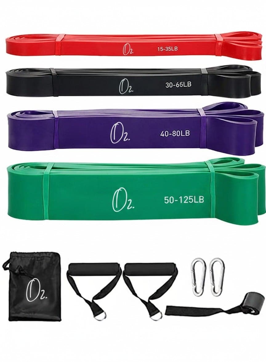 Set of 4 Pull-Up Assistance Resistance Bands with Handles, Door Anchor, Carabiners & Carry Bag