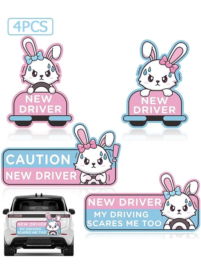 Student Driver Car Magnet - 4 PCS Nervous Rabbit Please Be Patient Student New Novice Driver Bumper Sticker Light Magnets Safety Warning Magnetic Reflective Rookie Reusable Movable