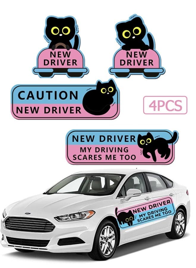 4Pcs Black Cat New Driver Car Magnet Sticker Safety Sign, Cute Shivering Cat Student Driver Sign for Car Bumper, Funny Cartoon Nervous Caution Reusable Supplies