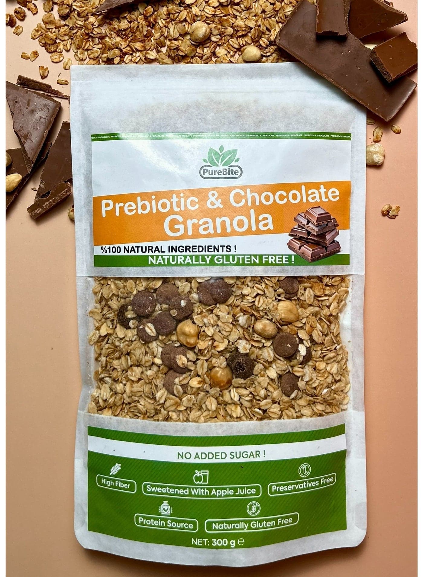%100 Natural, Gluten Free, NO Sugar Added, Prebiotic Chocolate Granola, 300gr.