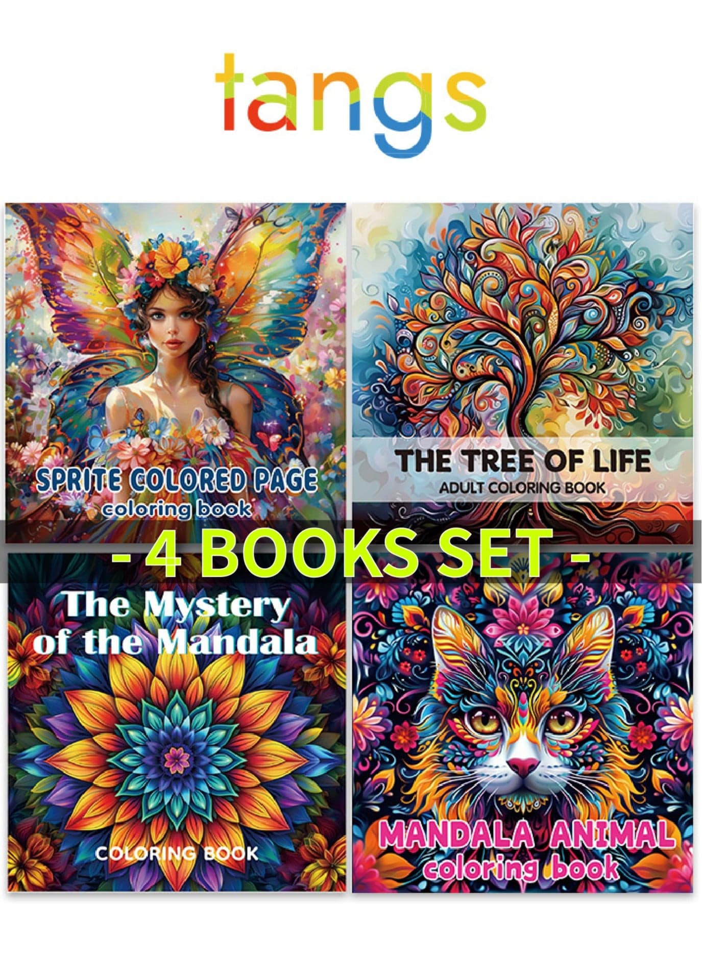 Coloring Book Set, Cute & Comfy Doodle Watercolor(4 Books, 24 Pages Each) – Butterfly Fairy, The Tree of Life, The Mystery of Mandala, Mandala Animal – Thick Paper, Single-Sided Pages, Creative Art Gift for Adults & Kids