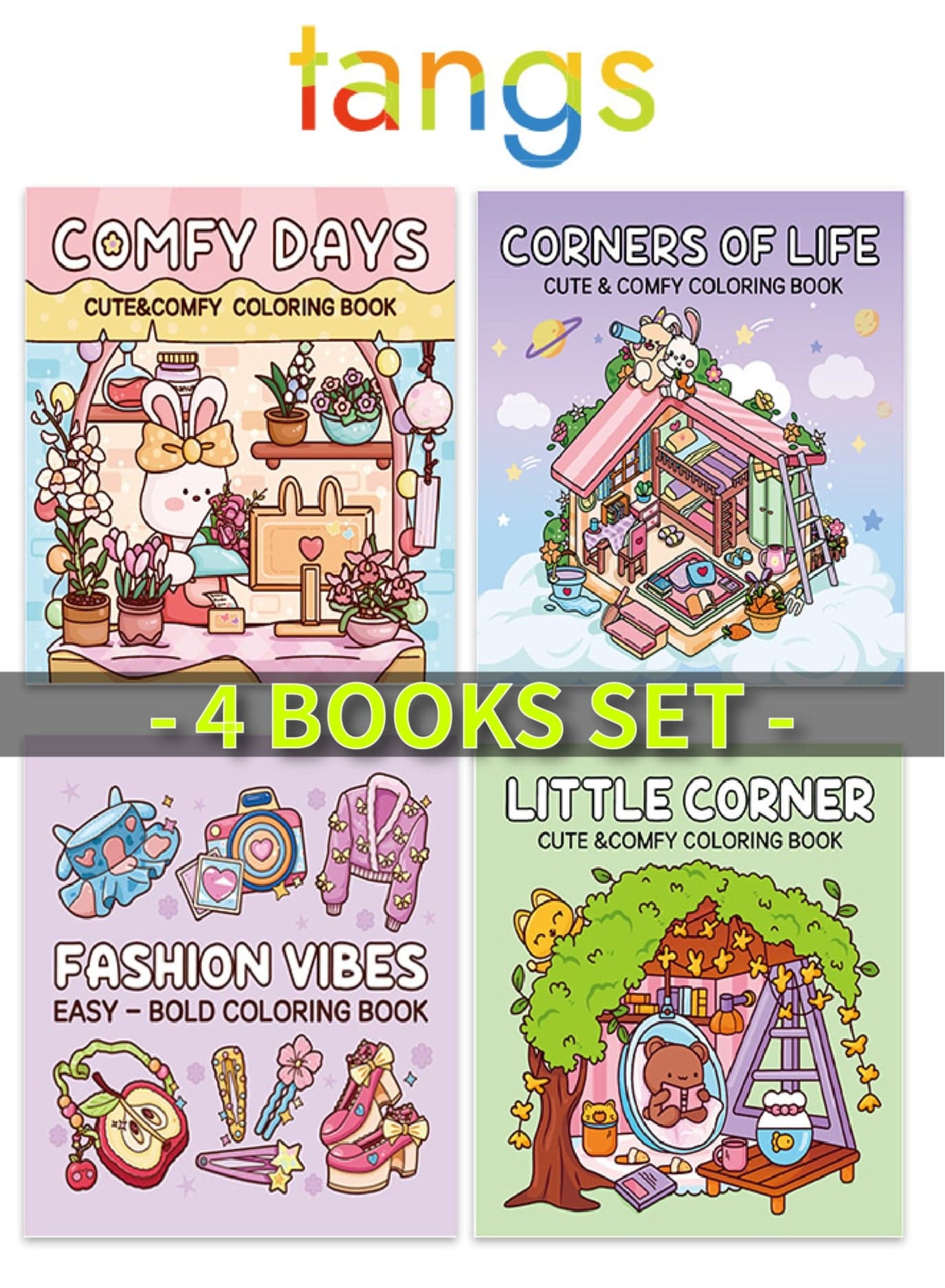 Coloring Book Gift Set, Cute & Comfy (4 Books, 40 Pages Each) - Comfy Days, Corner of Life, Fashion Vibes, Little Corner - Thick Paper, Single-Page Design, Stress Relief for Adults & Kids - Perfect Creative Gift for Artists & Families