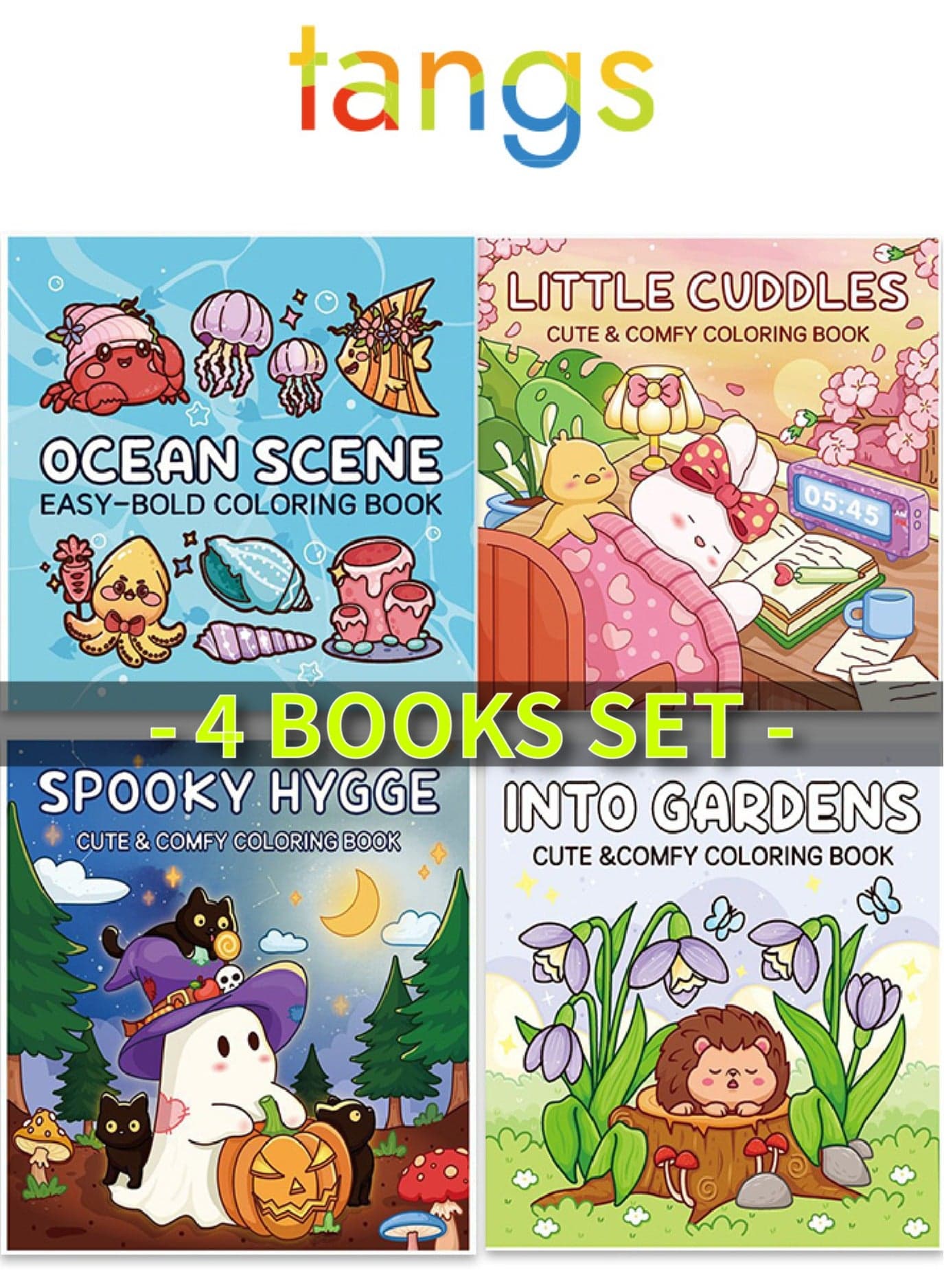 Cute & Comfy Coloring Book Gift Set (4 Books, 40 Pages Each) - Little Cuddles, INTO Gardens, Ocean Scene, Spooky Hygge - Thick Paper, Single-Page Design, Stress Relief for Adults & Kids - Perfect Creative Gift for Artists & Families