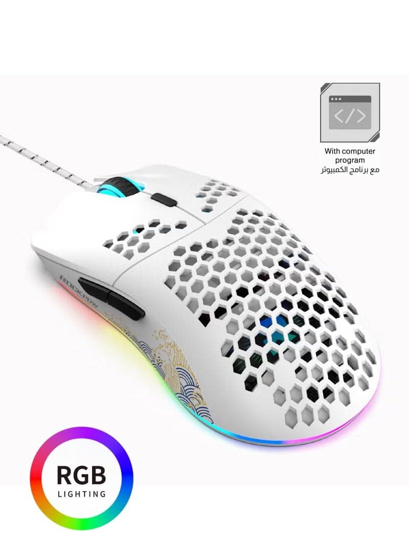 ROCK POW Honeycomb Gaming Mouse Ultralight High-Precision 8000 DPI Optical Sensor 6 Programmable Buttons RGB,Ergonomic Wired RGB Gaming Mice for Mac, Laptop, Computer
