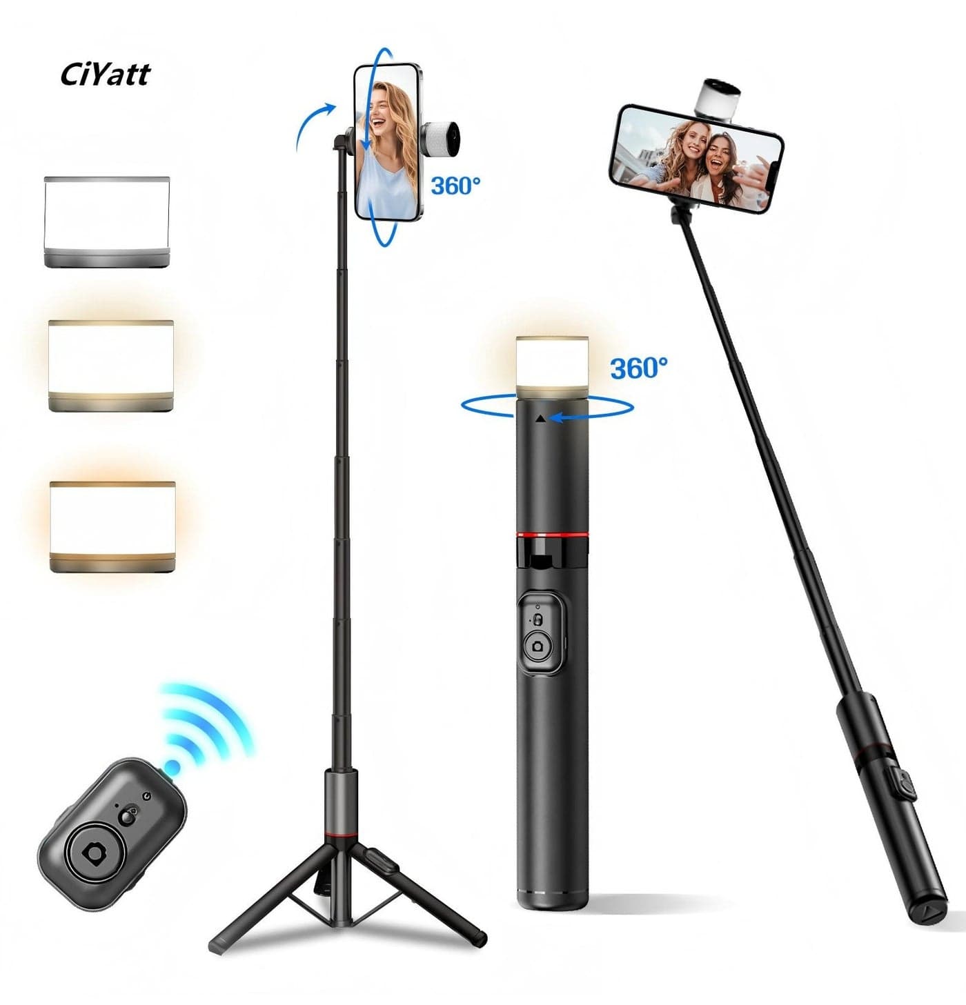 54.13‘’Selfie Stick Tripod with Wireless Remote,Hidden design 360 ° rotating fill light,Aluminum Portable Lightweight Travel Tripod for Video Recording