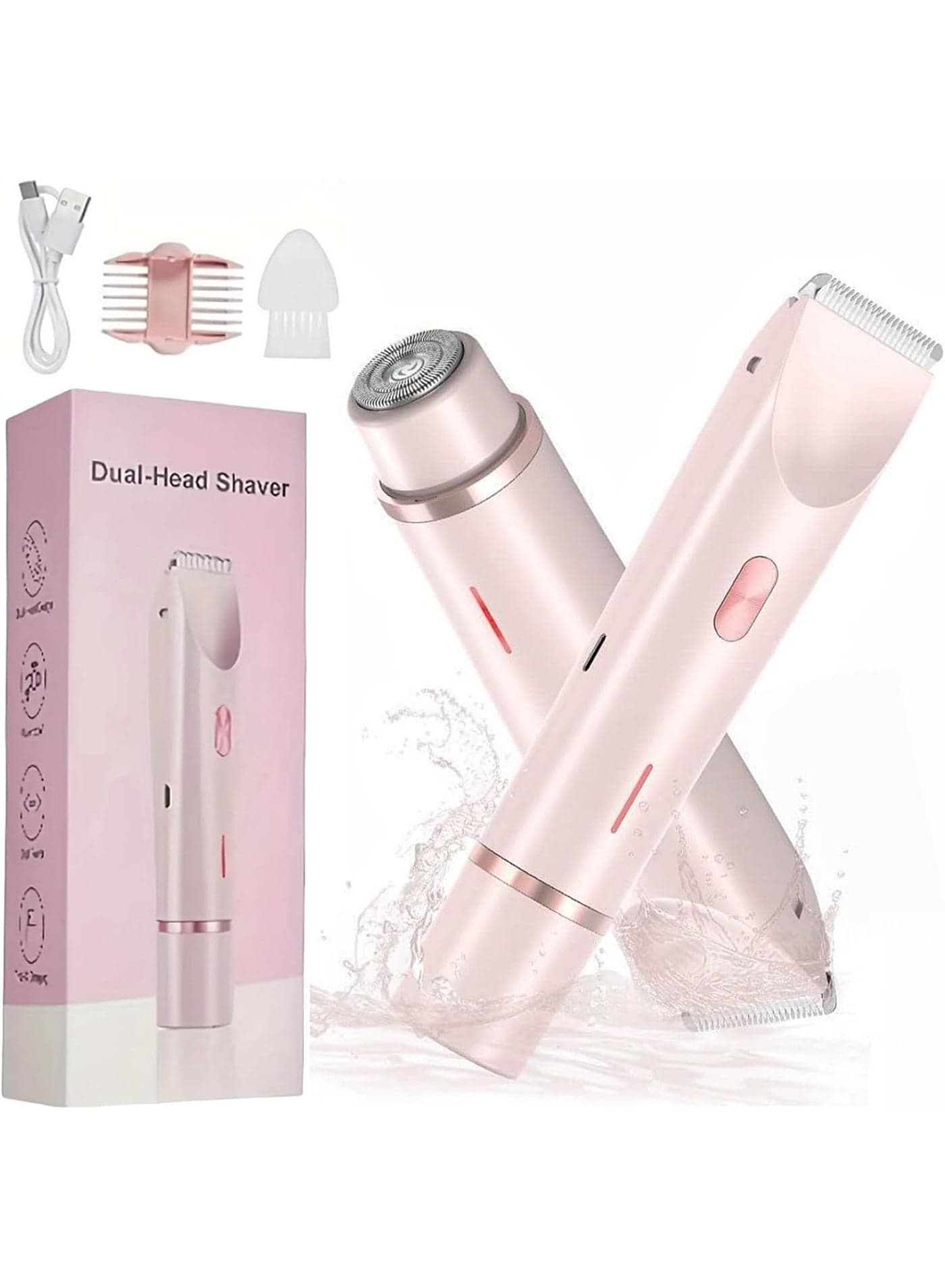 Womens Shaver Dual-Head Bikini Trimmer for Women 2-in-1 Women's Body Shaver USB Charge Waterproof Painless Electric Razors for Silk Skin (Pink)