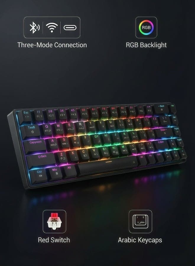 Keyboard, gaming keyboard, mechanical keyboard, red axis, RGB backlight, multi-mode wireless Bluetooth connection, Arabic keycap, 68 key hot swappable shaft body, anti ghost key, Arabic keyboard, (12.2 x 3.9 inches) 2000mAh long-lasting rechargeable battery, black keyboard