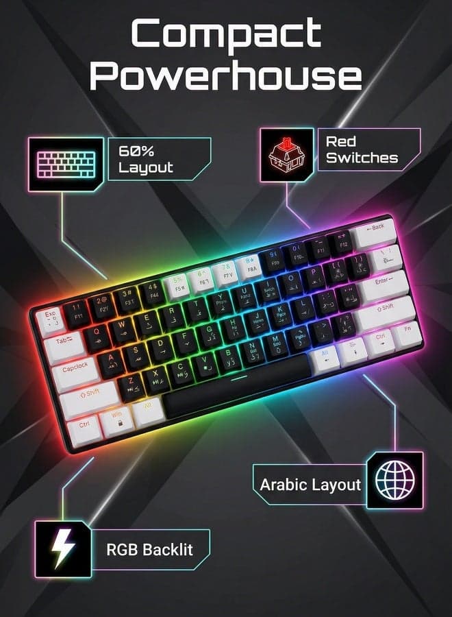 Keyboard, gaming keyboard, red axis, Arabic keycap, Arabic keyboard, 12 RGB scrolling lighting effect, Type-C interface, 61 compact key design, wired keyboard, black keyboard