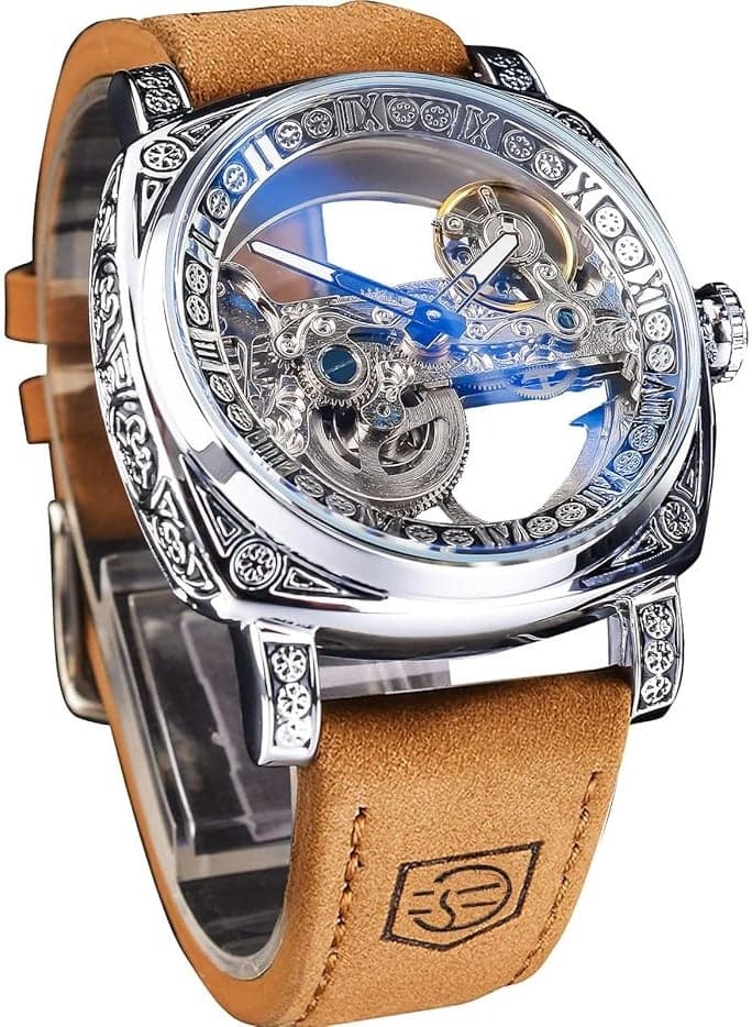 Men's Luxury Square Carving Mechanical Watch, Retro Totem Double Sided Hollow Skeleton Self-Wind Automatic Watches, Vintage Leather Strap Wristwatch Reloj para Hombre