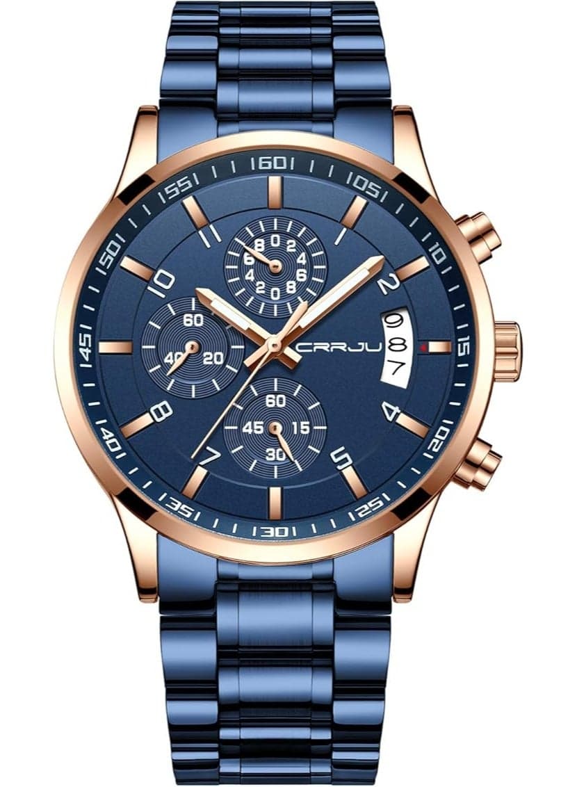 Men's Fashion Stainless Steel Watches Date Waterproof Chronograph Wristwatches,Black Steel Band Waterproof Quartz Watch for Men