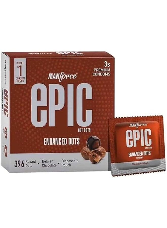 Manforce Epic Condoms 3 Pack | 396 Hot Dots | Belgian Chocolate Flavour | Extra Dotted Thin Lubricated Latex Condom | Vegan No Harsh Chemicals | Disposable Pouch |