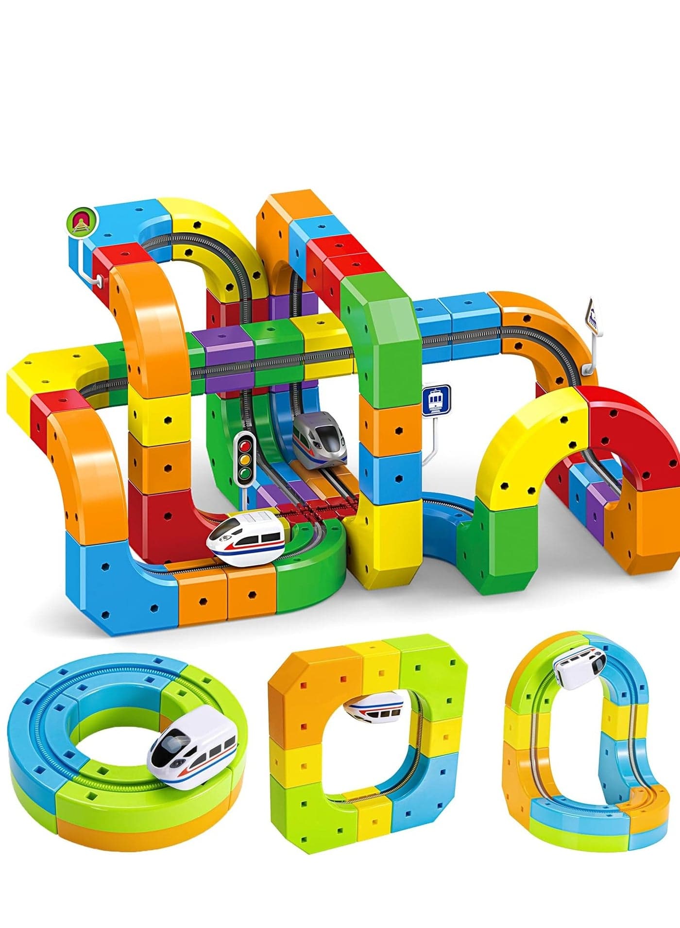 Electric Rail Train Set for Kids, 123PCS Stacking and Nesting Train Track Toys, 360° Movement, Anti-Gravity Modular Building Cubes Track Locomotive, DIY Flexible Race Track, STEM Educational Railtrain Toys, Includes 2 Trains and Traffic Signs