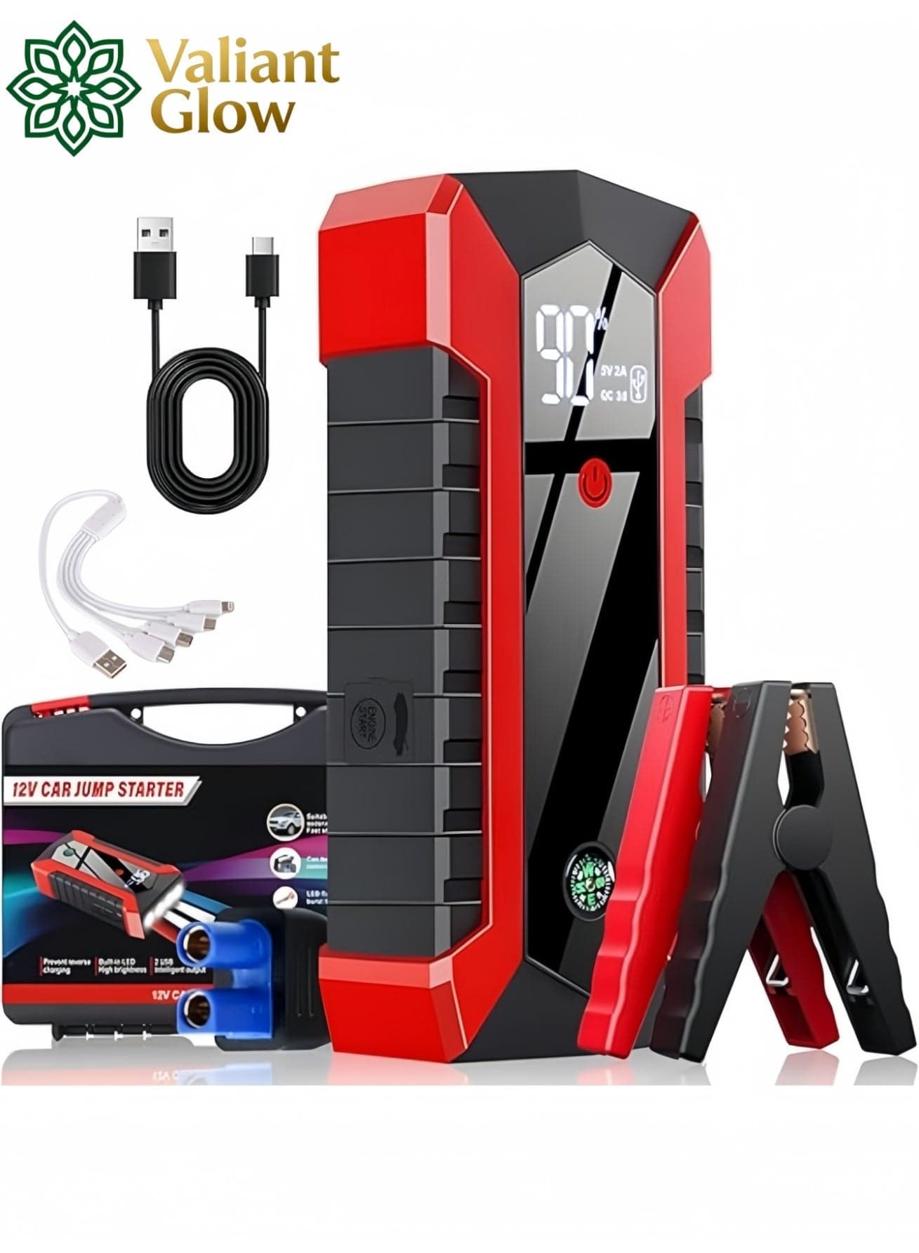 Emergency Jump Starter (600A) | Power Bank (6000mAh) | Car Jump Starter for 12V Vehicles | Equipped with Jumper Cables (with Smart Clamps) | Features LED Light, Compass, Type-C Charging Cable, and 3-in-1 Charging Cable | Suitable for gasoline engines up to 3.0 liters