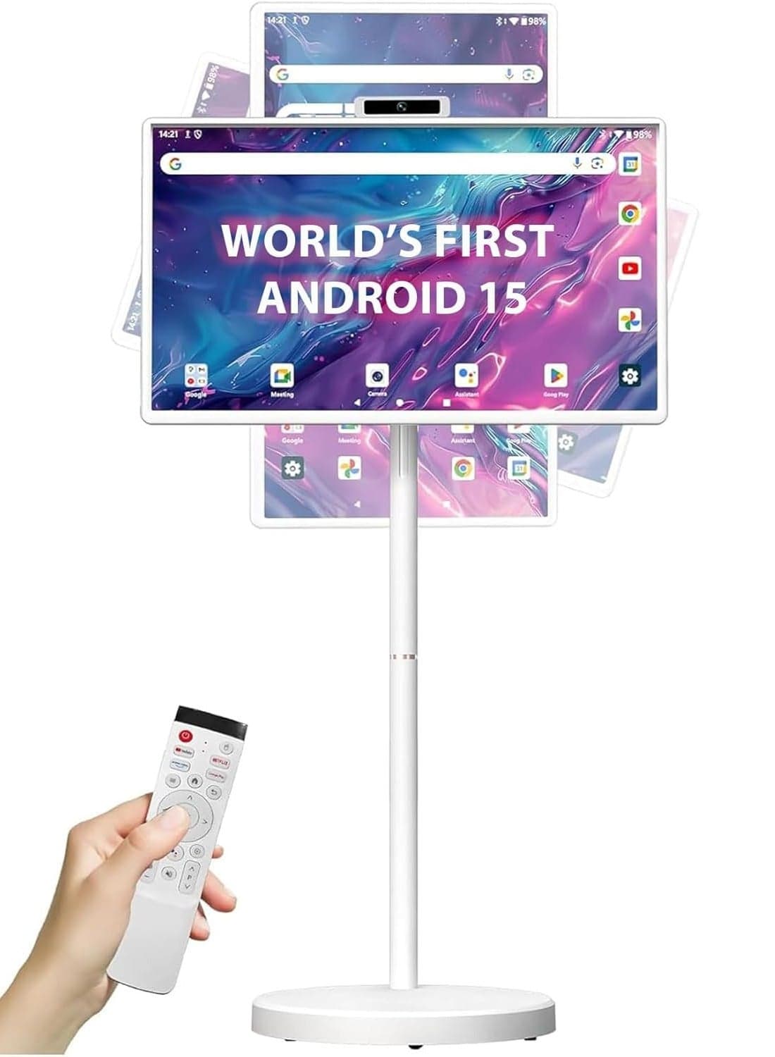 27 Inch Portable TV Screen with Stand Android 15 Display Touch Screen 8MP Built-in Camera, Full HD, Dual-Band WiFi, 6GB+128GB, 9000mAh Battery, Speakers, Voice Remote