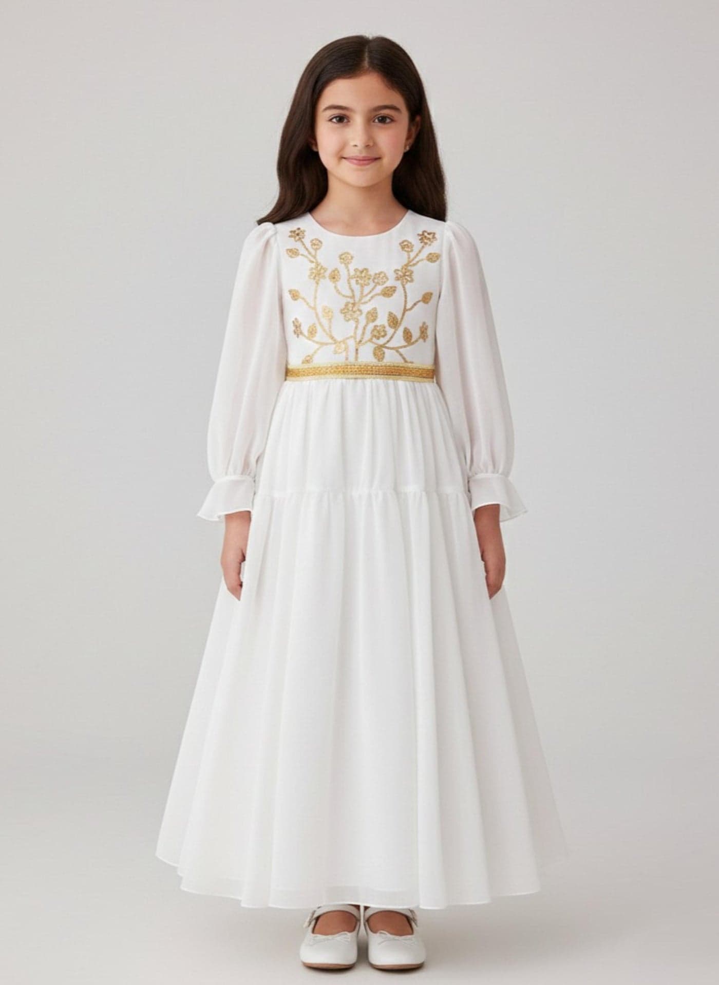 Girls White Arabic Occasion Embroidered Maxi Dress