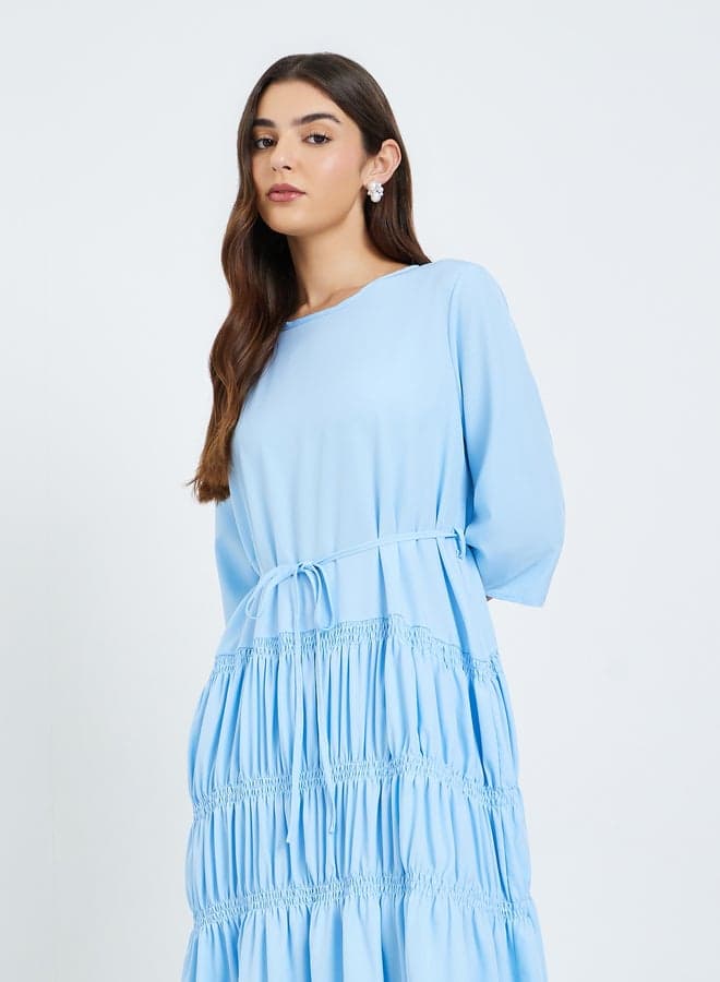 Women Blue Gathered Detail Waist Tie Maxi Dress