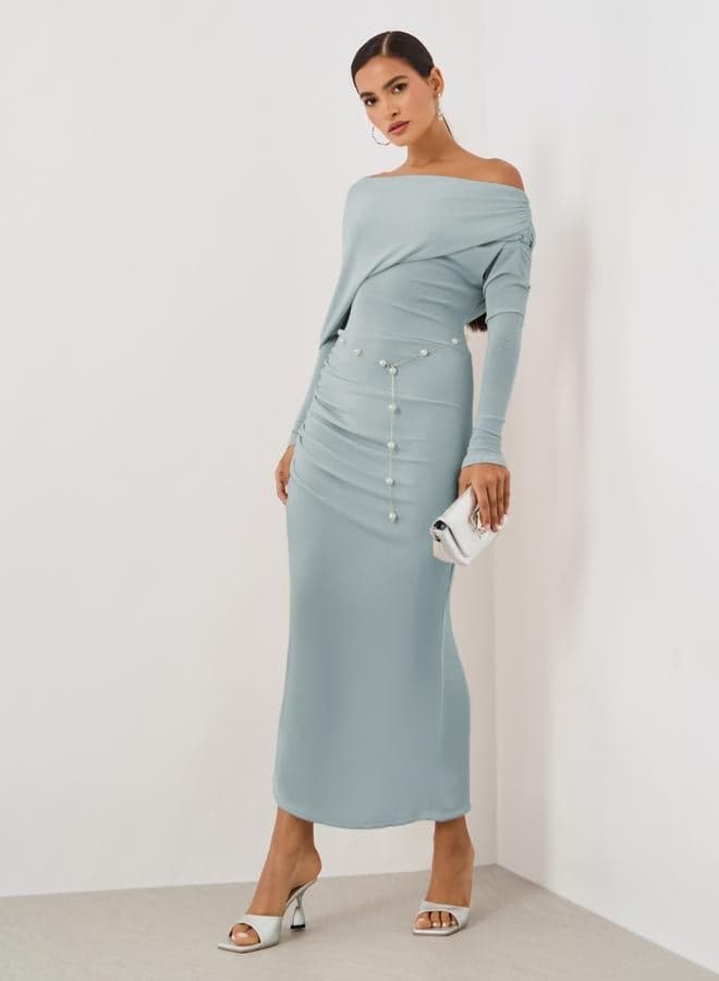 Plain Long Sleeves Midi Dress with Pearl Belt