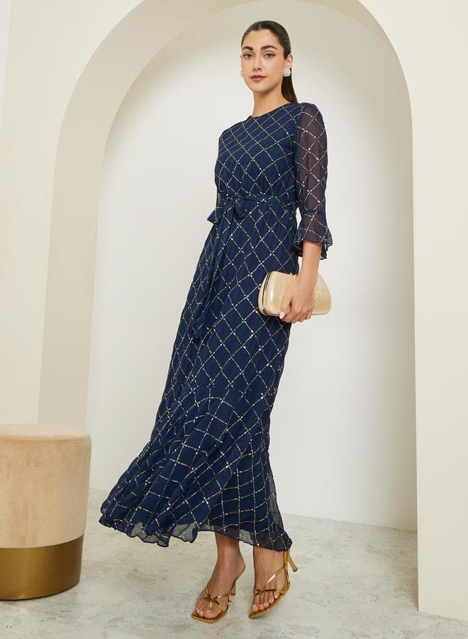 Blue Embellished Sequin Maxi Dress with 3/4 Sleeves