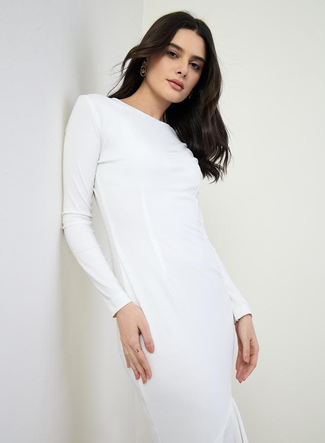 Women White Long Sleeve Mermaid Hem Maxi Dress