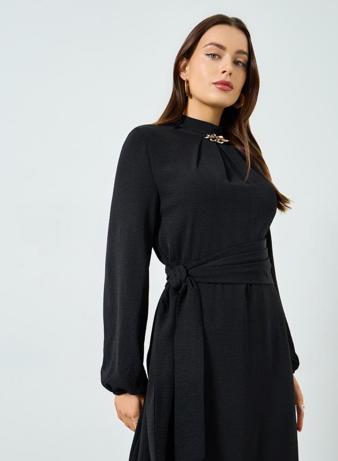 Black Pleated Detail Balloon Sleeve Maxi Dress