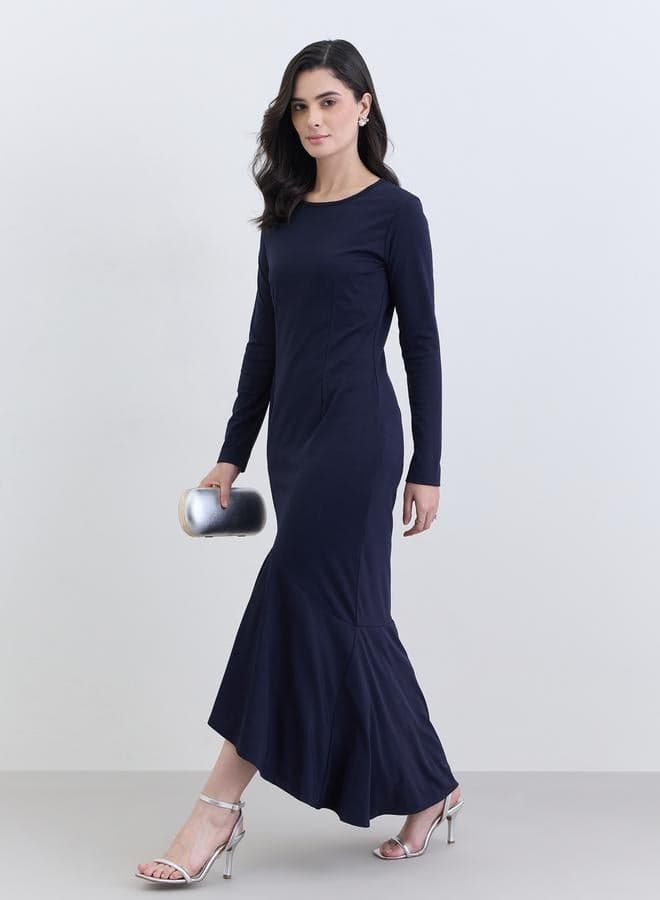 Women Navy Blue Long Sleeve Mermaid Hem Maxi Dress