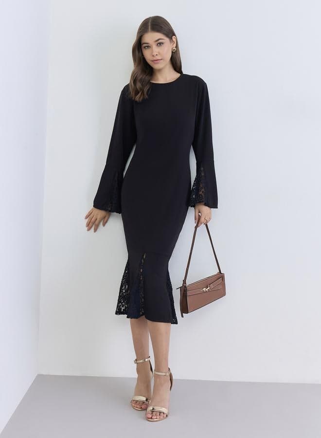 Women Black Lace Sleeves Midi Dress