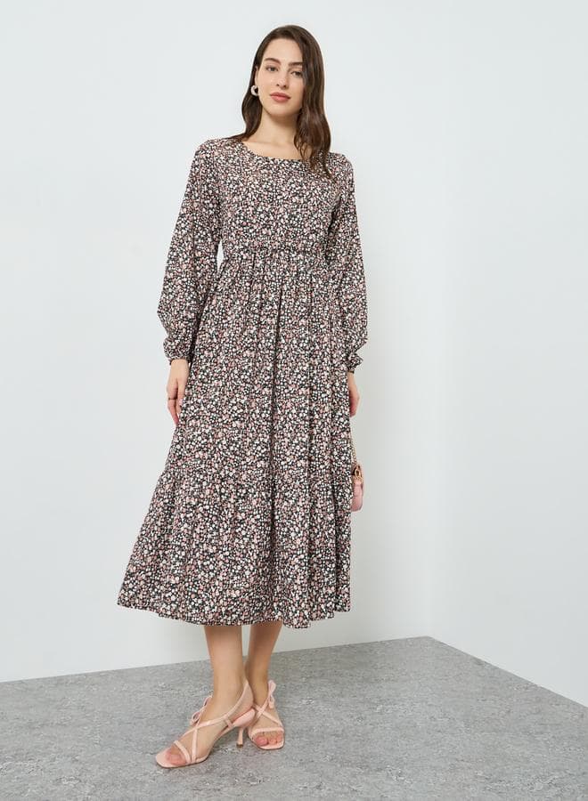 Women Floral Printed Balloon Sleeve Midi Dress