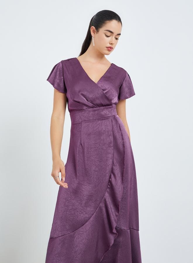 Women Purple Ruffled Hem Wrap Maxi Dress