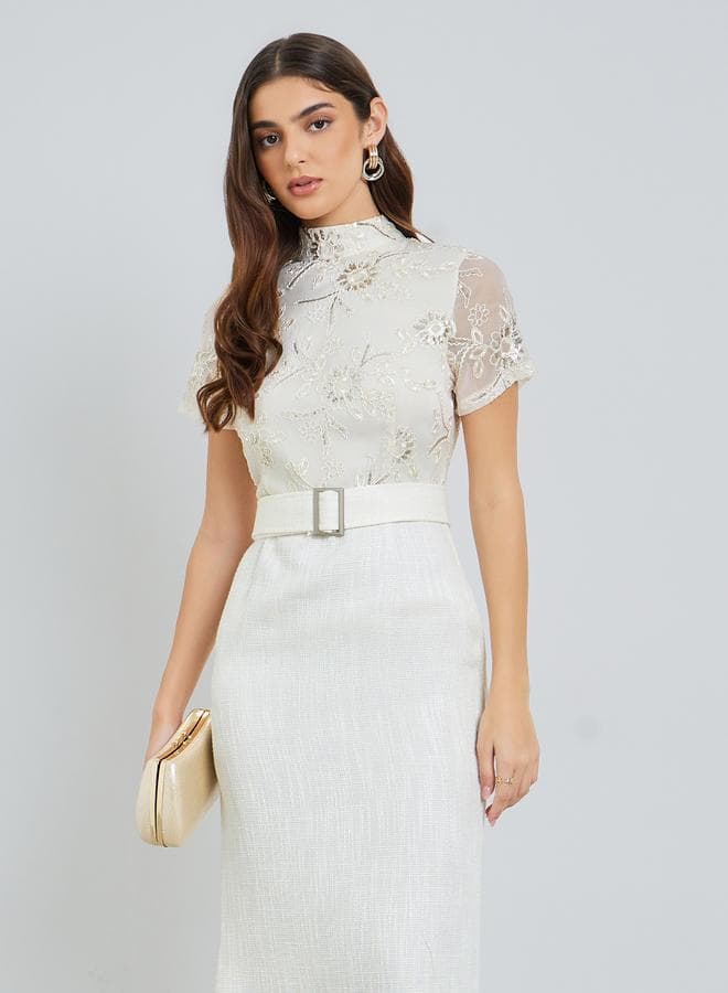 Women Off White Lace Short Sleeves Sheath Maxi Dress