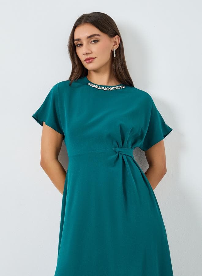Women Teal Embellished Short Sleeves Midi Dress