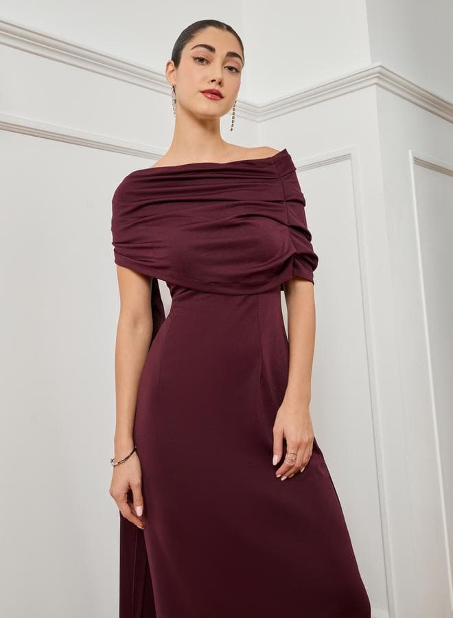 Women Burgundy Ruched Off-Shoulder Maxi Dress