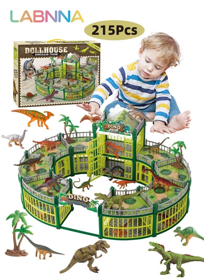 215PCS Dinosaur Building Set, Dinosaur Toys Kit with 18 Dinosaur Figures, Creative Dino Park Playset, Dinosaur-themed Dollhouse, DIY Dino Themed Craft Kit, Fun Interactive Toys, Ideal Gift for Kids, 52*40*23cm