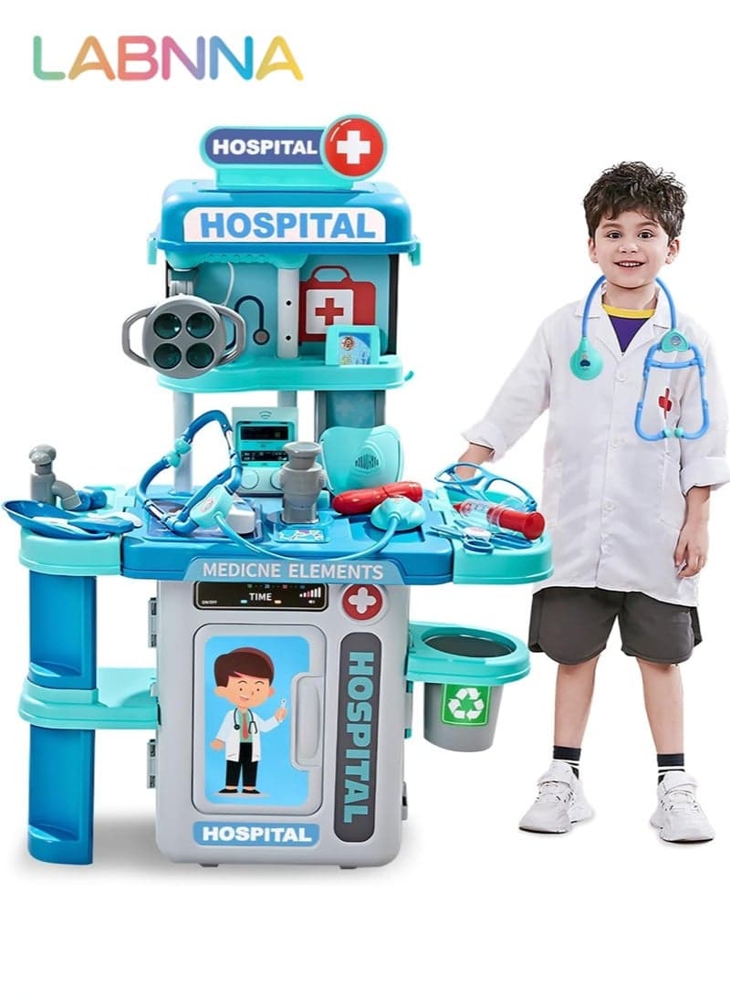 Doctor Kit for Kids 3-5 with Costume, Toddler Medical Toys Play Set with Rolling Cart, Costume, and Stethoscope,Role Play Kids Doctors Set Educational Birthday Gift for Kids (Blue)