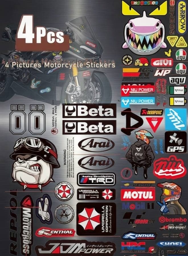 4 Pcs Motorcycle Stickers Funny Motorbike Helmet Stickers Waterproof Cool Racing Car Sticker for Motorcycles Off-Road Bikes Cars Skateboard Scooter Decals