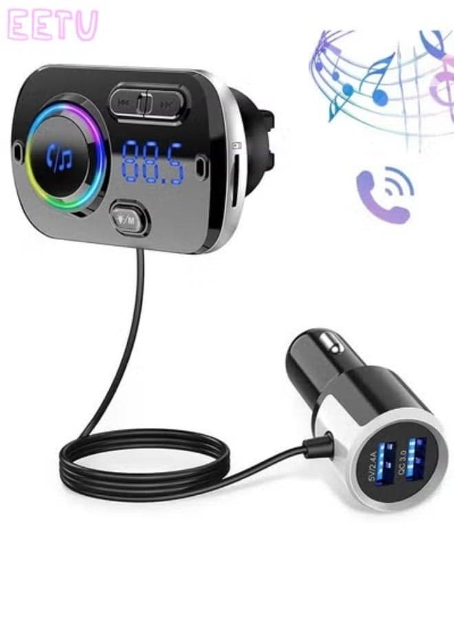 Bluetooth FM Transmitter For Car,Wireless 5.0 Car Adapter,QC 3.0 5V 2.4A Fast Charger,TF Card,Aux,LED Backlit,Easy Attached To Air Vent,For MP3 Player,Hand-Free Call