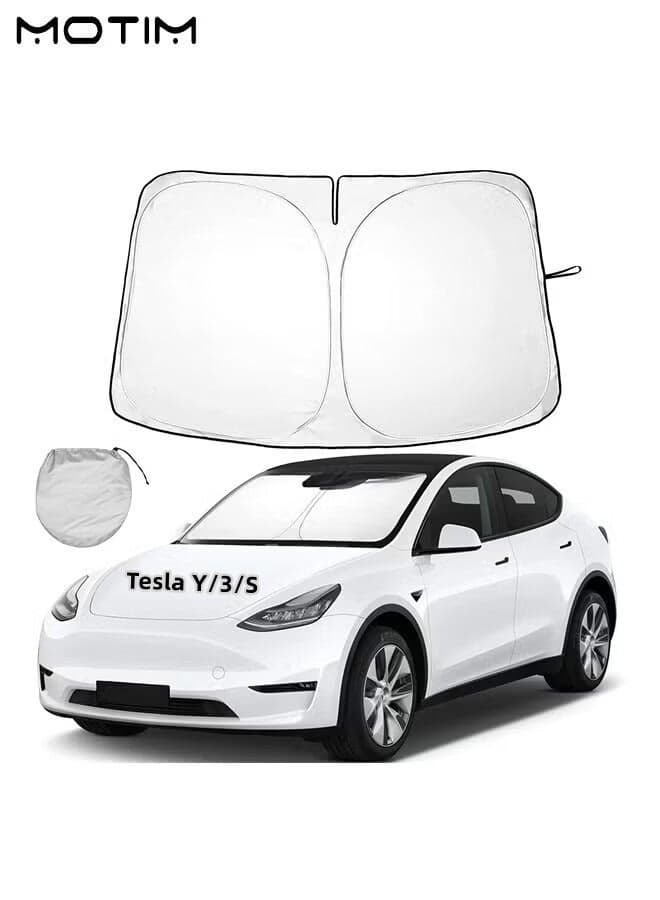 Foldable Car Windshield Sunshade for Tesla Model Y/ 3/ S, Folding Sun Visor Protector with Storage Pouch, Heat Insulation Cover, Heat Blocking Shades Shading Rate 99%, Keep Car Cool