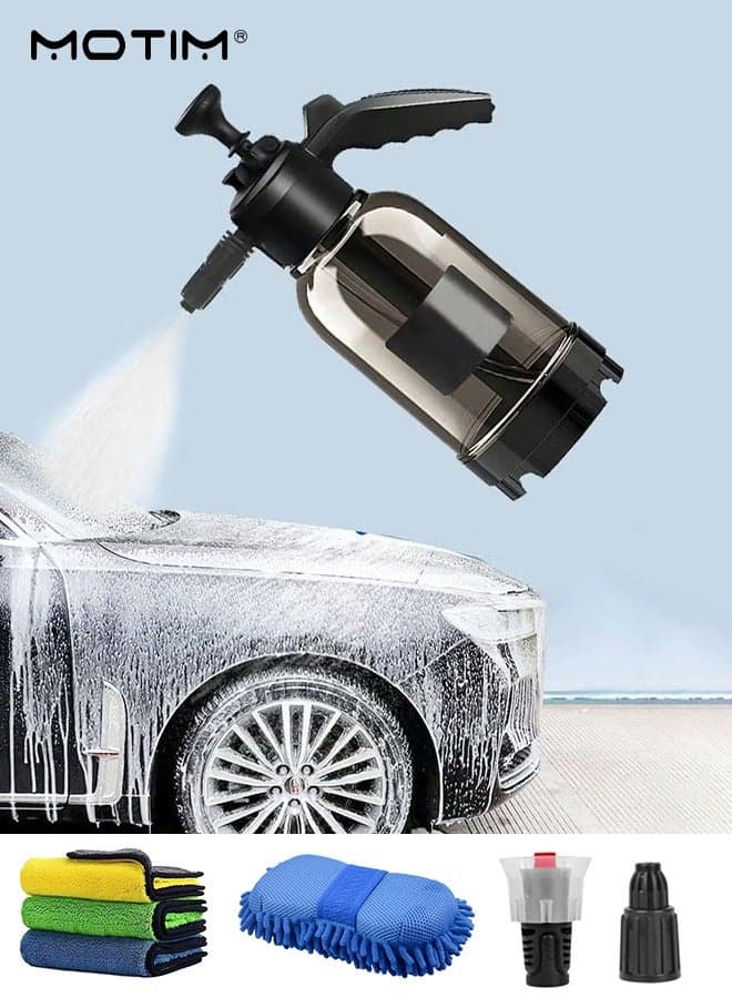 5Pc/Set Handheld Car Wash Sprayer Pressure Pump, 2L Foam Watering Can with Car Washing Towel and Washing Gloving, Car Cleaning Supplies, Pressure Sprayer for Home, Lawn, Garden, Car